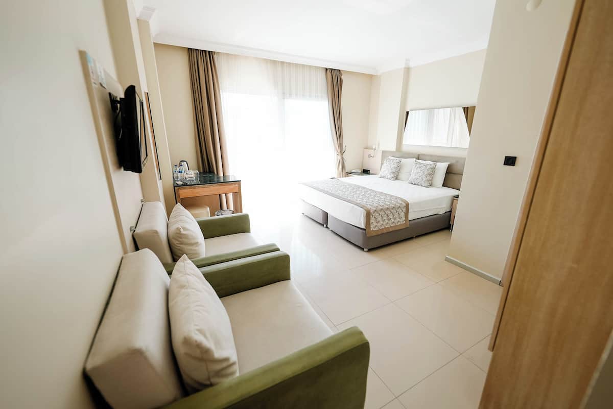 A hotel room with a bed, a sofa, a desk, and a mirror.