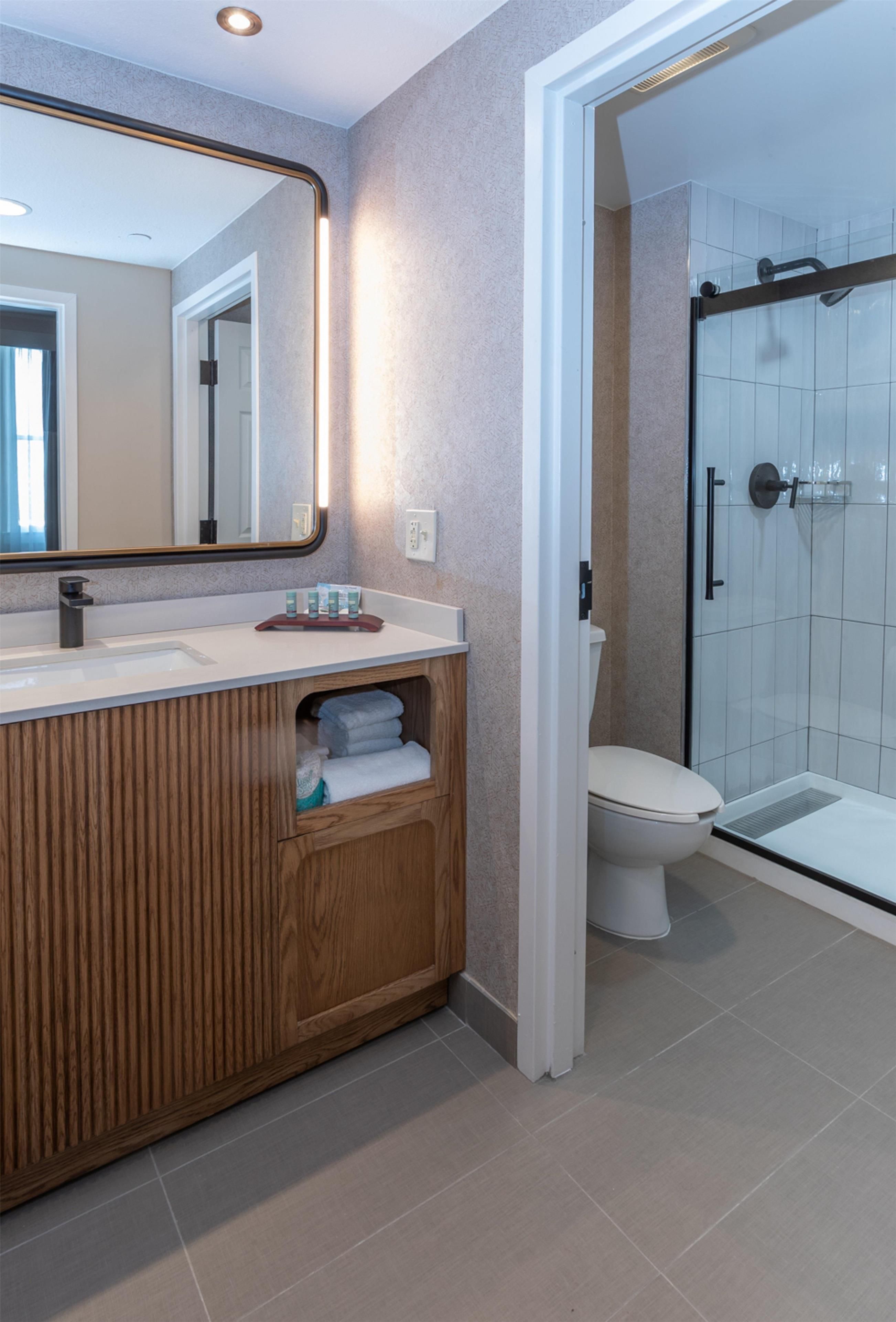 Un bagno moderno con un mobile lavabo in legno, uno specchio grande e un box doccia in vetro.