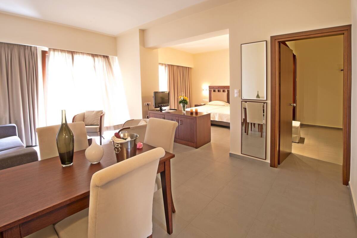 Habitación de hotel con comedor, televisor, cama y baño.