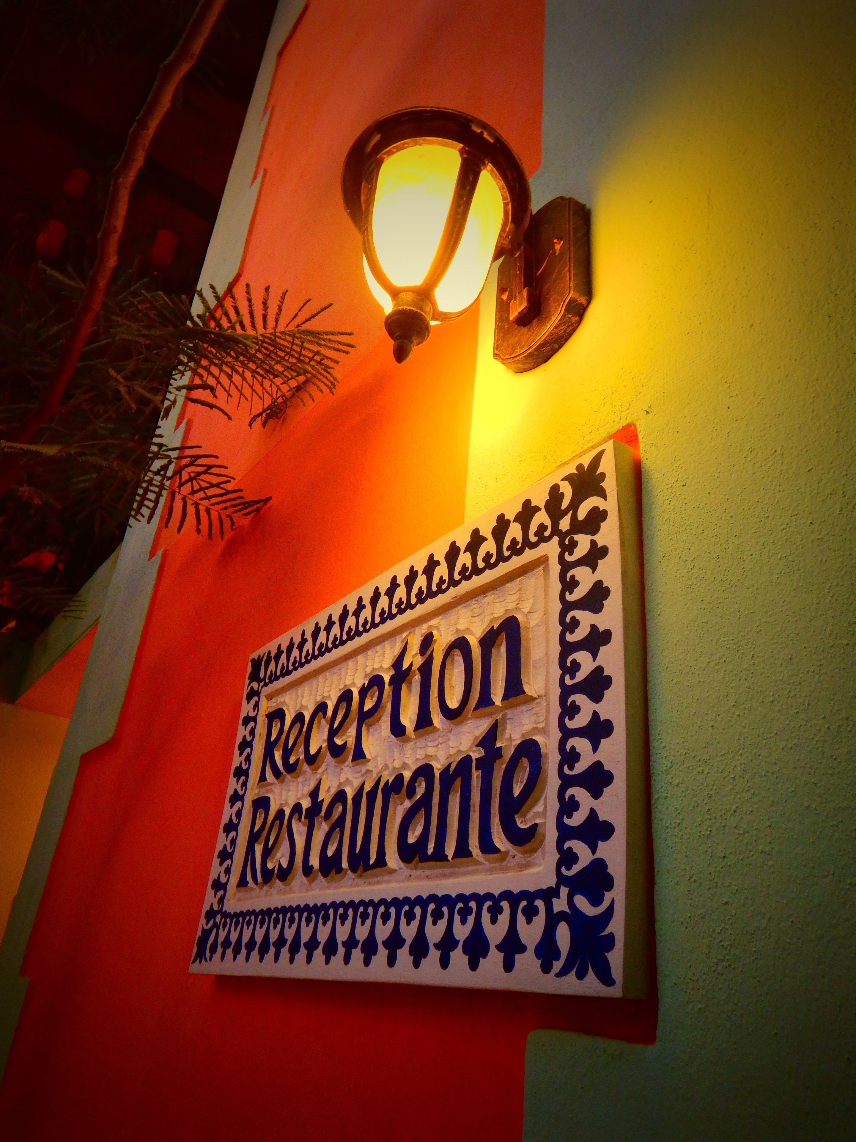 A reception sign with a decorative border and a light fixture above it.