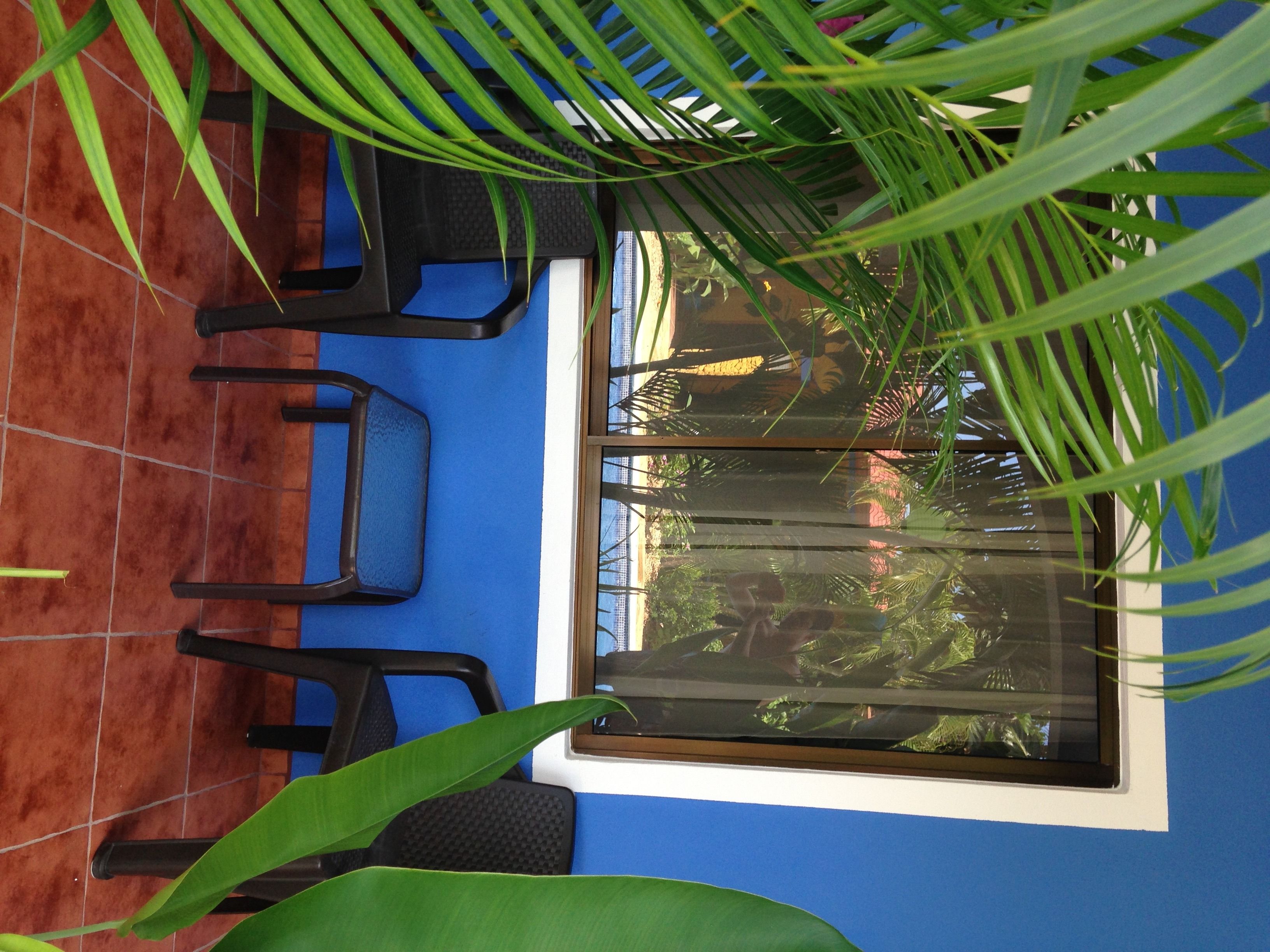 Habitación con pared azul, ventana y vista a espacios verdes. Se observan sillas negras y una mesa.