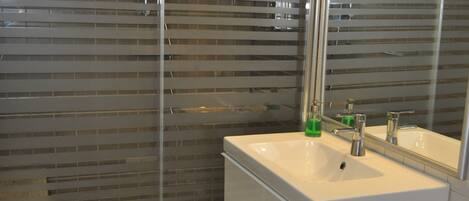 Une salle de bain moderne avec une douche à parois de verre, un lavabo blanc avec un miroir et des toilettes.
