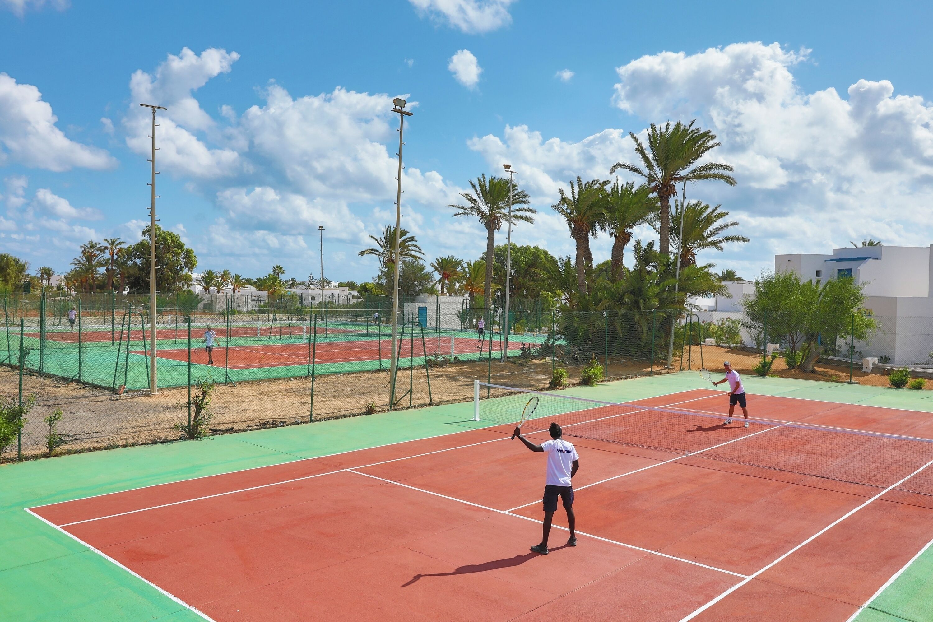 A tennis court with two players, surrounded by palm trees and a clear sky.
