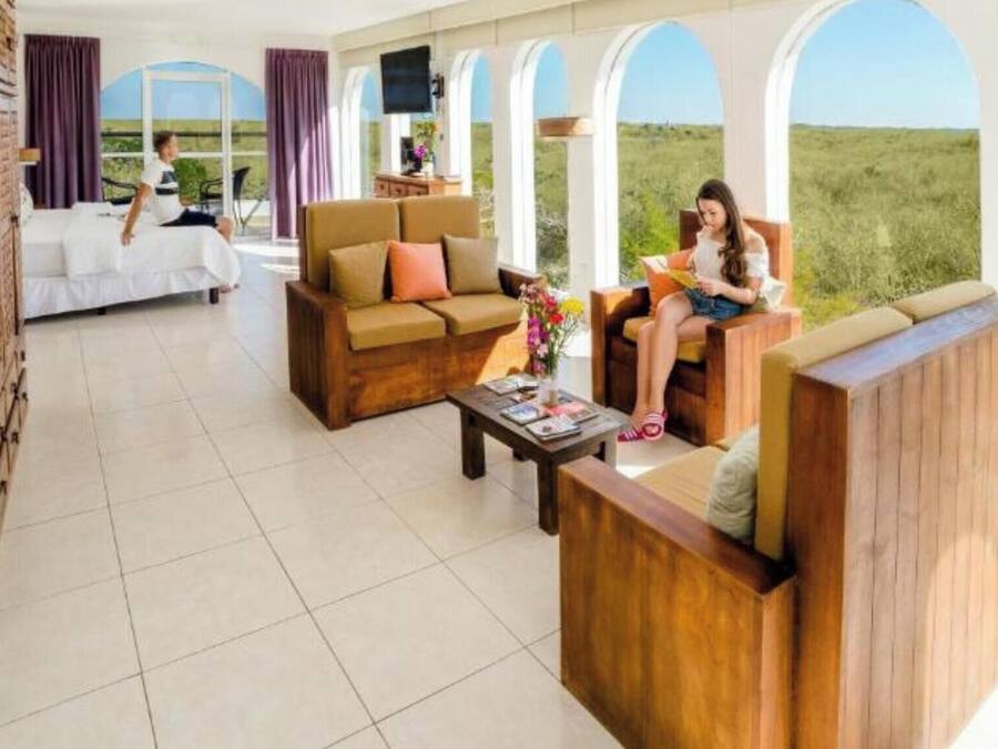 Amplia sala de estar con un conjunto de sofás, una mesa de centro y vistas a un campo verde a través de amplios ventanales.