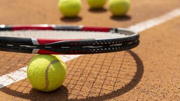 A tennis racket and balls on a clay court.
