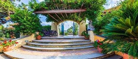 A stone staircase leading to a wooden pergola with climbing plants, surrounded by potted plants and a clear sky.