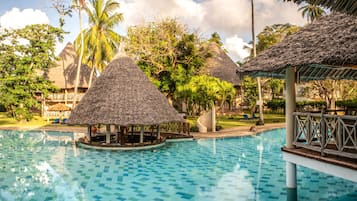 Outdoor pool, pool umbrellas, pool loungers