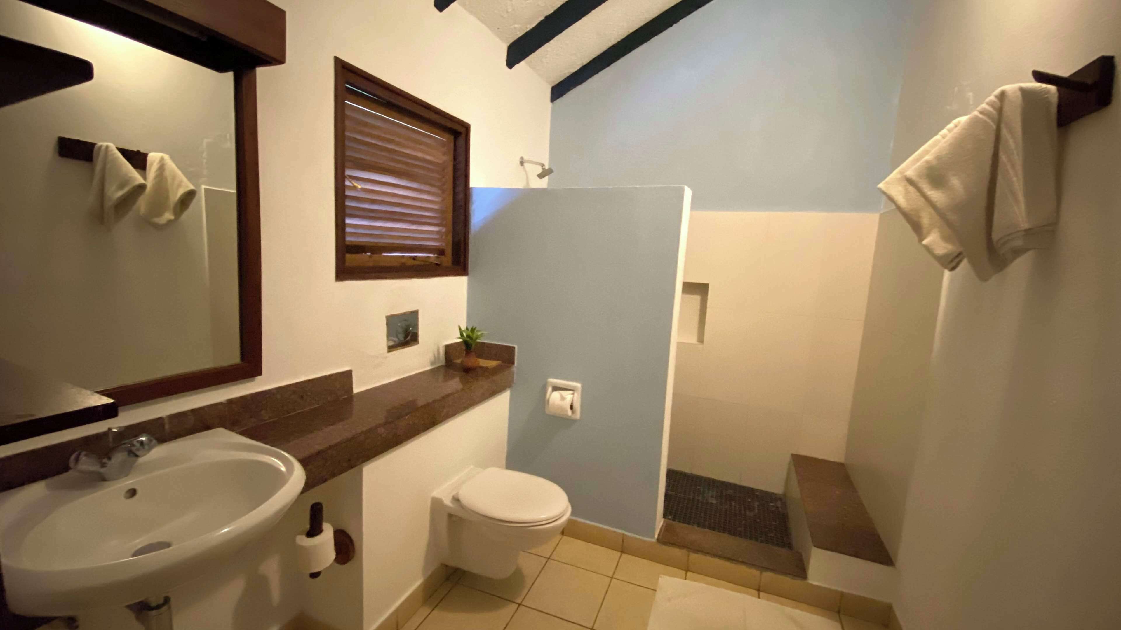 Casa de banho com lavatório, sanita e chuveiro.