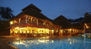 Outdoor pool, pool umbrellas, pool loungers