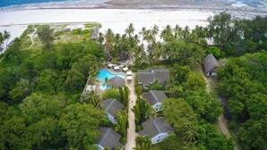Vista aérea de un resort con piscina, palmeras y acceso a la playa.