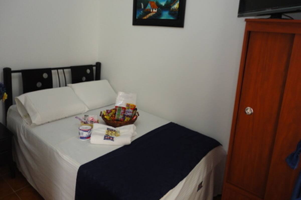 Un dormitorio con cama, televisión en la pared, armario de madera y un cuadro.
