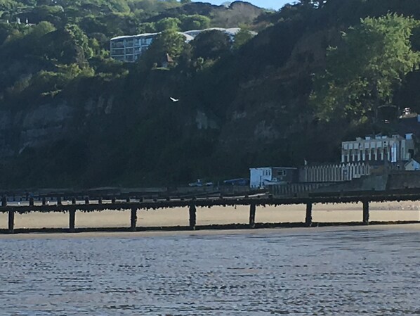 A coastal scene with a pier extending into calm waters, surrounded by lush greenery and buildings on a hillside. - The Chestnuts Guest House (Shanklin)