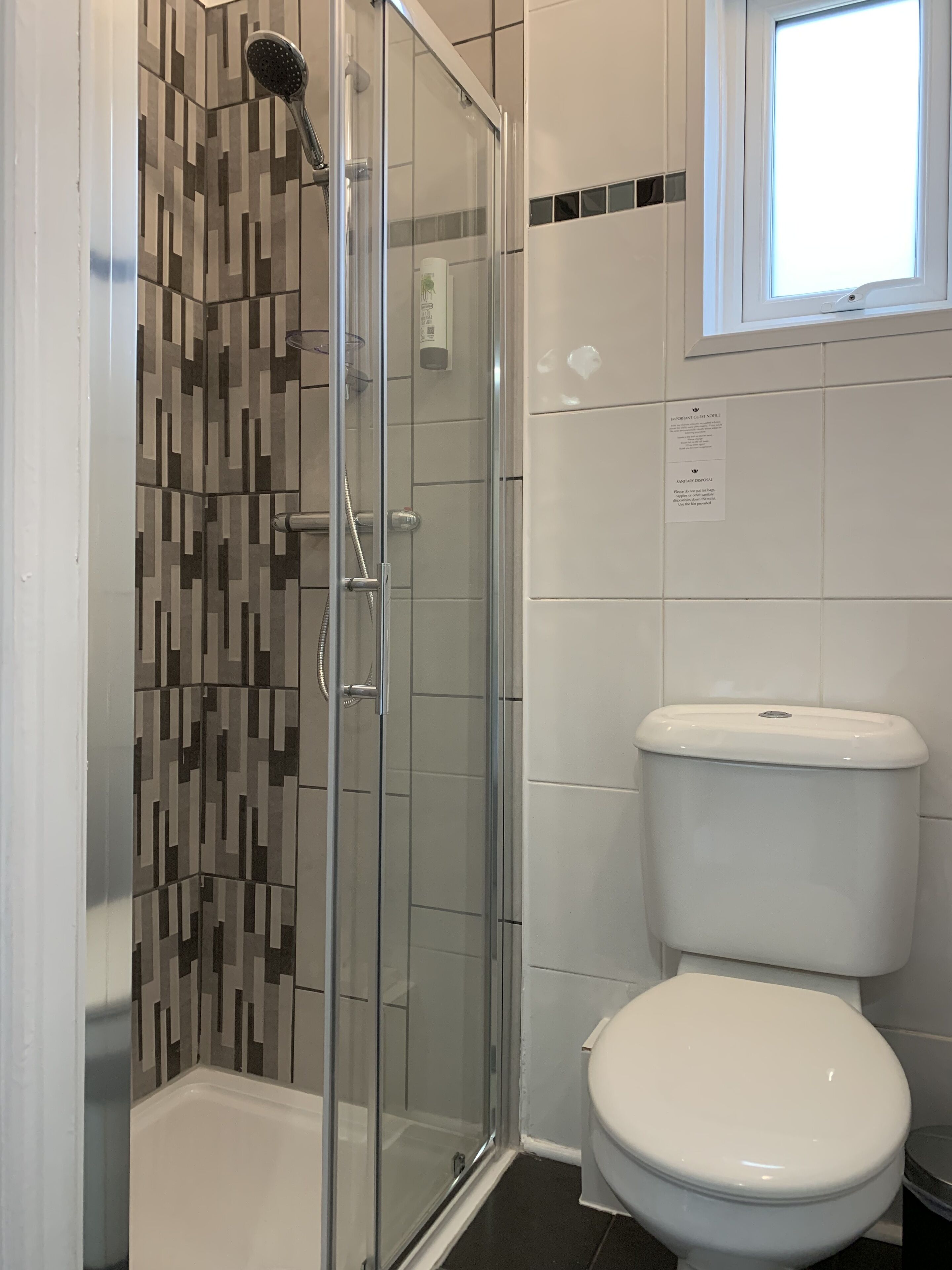 A bathroom with a glass-enclosed shower, a toilet, and a window.