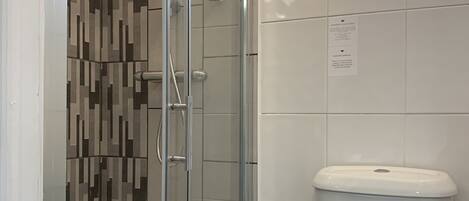 A bathroom with a glass-enclosed shower, a toilet, and a window.