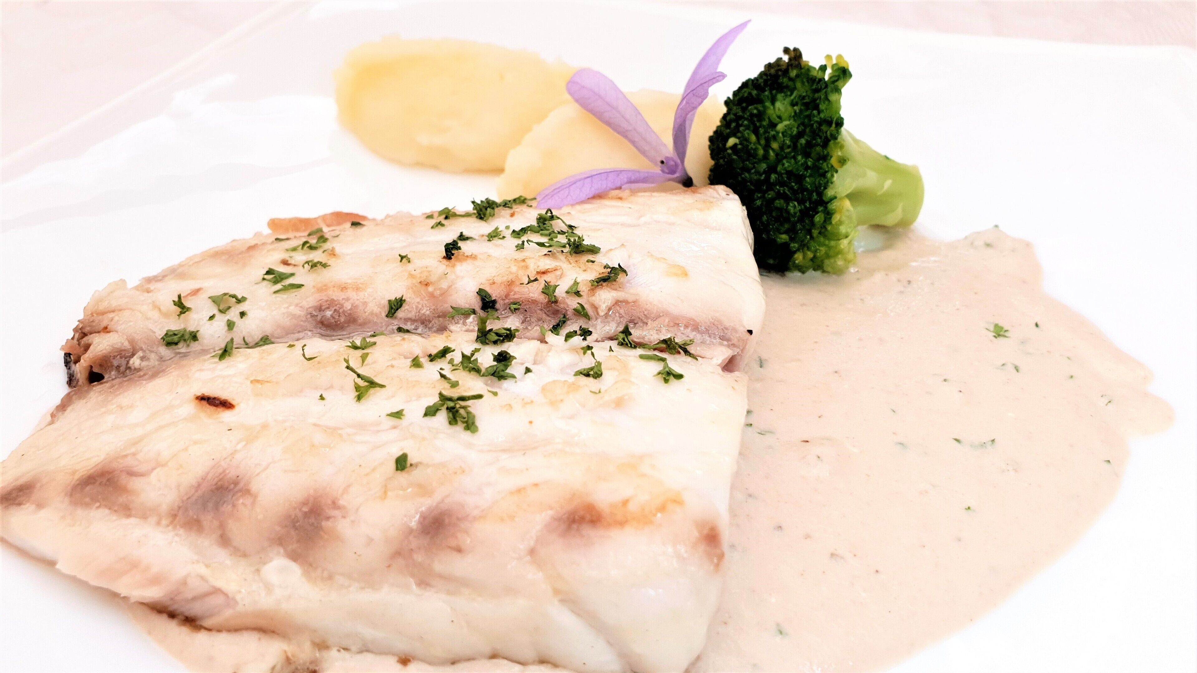 A plate with a piece of fish, mashed potatoes, and broccoli.