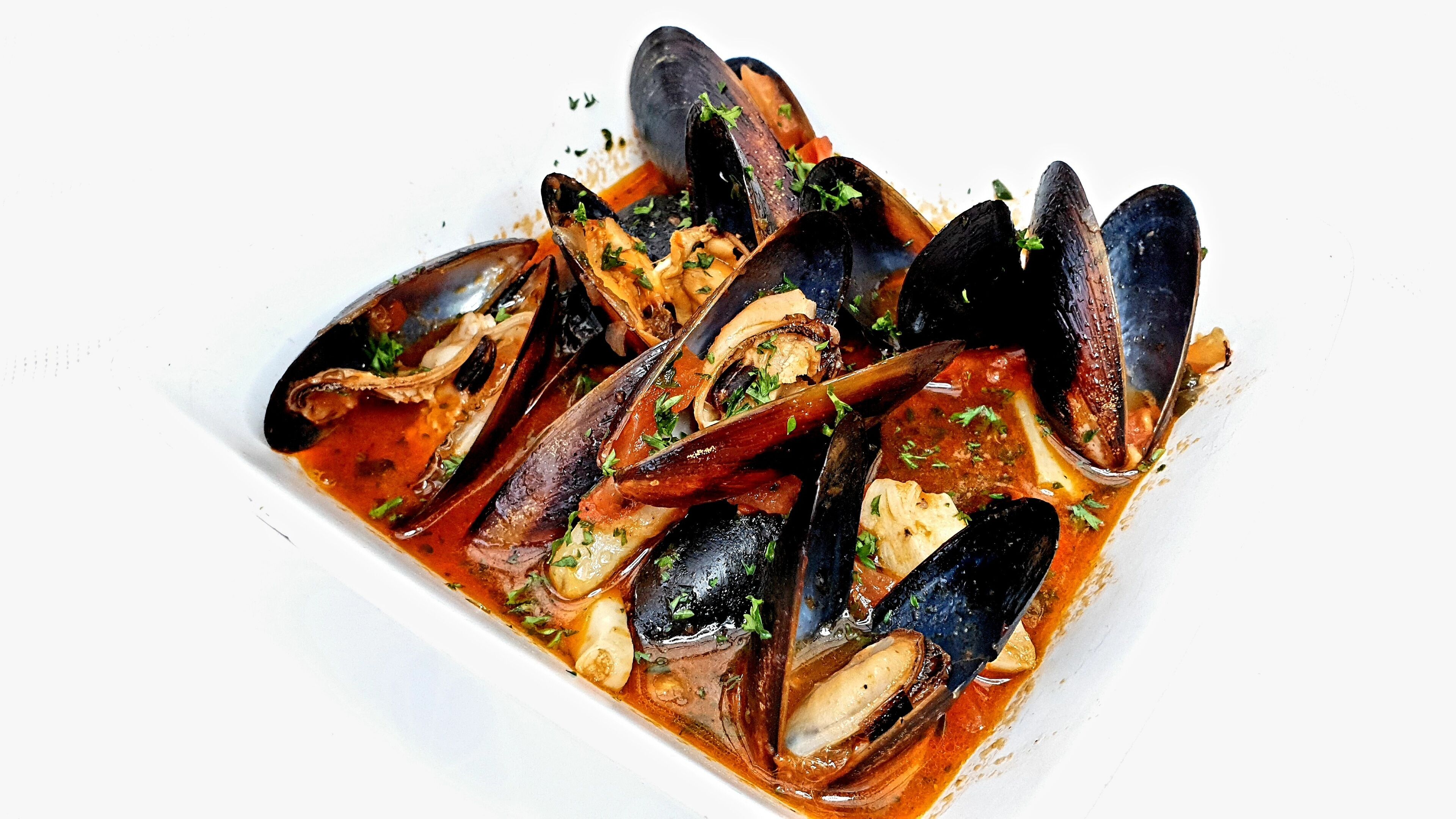 Prato de mariscos com molho de tomate, decorado com ervas.