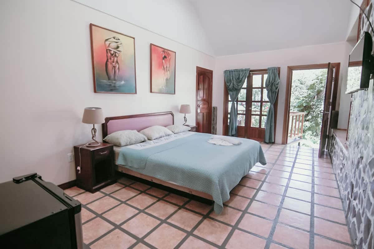 A bedroom with a bed, nightstands, and a view of the outdoors.