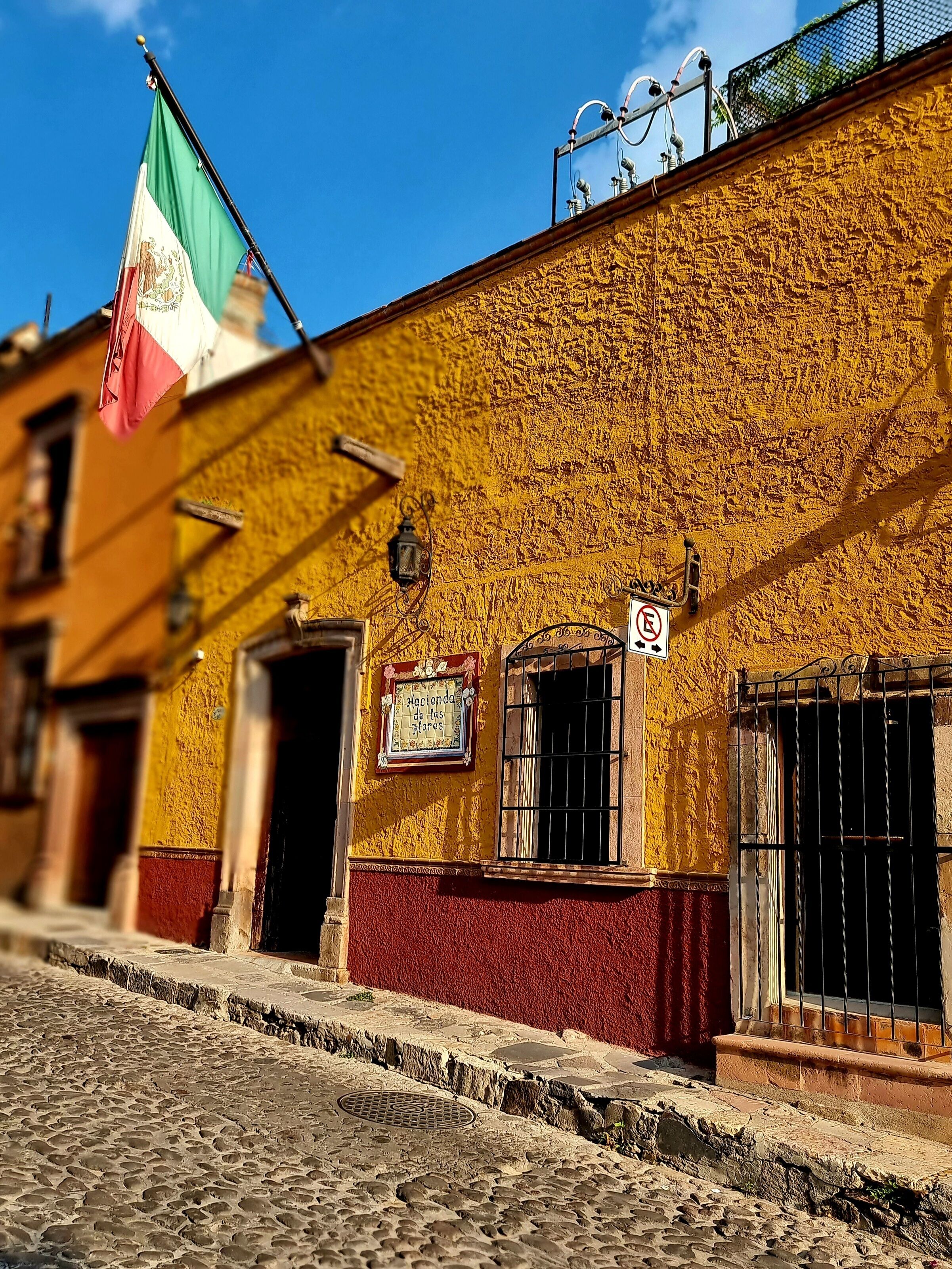 Un edificio con fachada amarilla texturizada, una bandera y un letrero que indica una floristería.