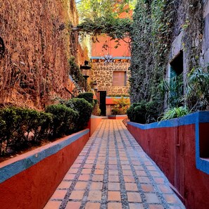 Un estrecho sendero de ladrillo bordeado por muros cubiertos de enredaderas, que conduce a un edificio de piedra con una puerta roja y una ventana.
