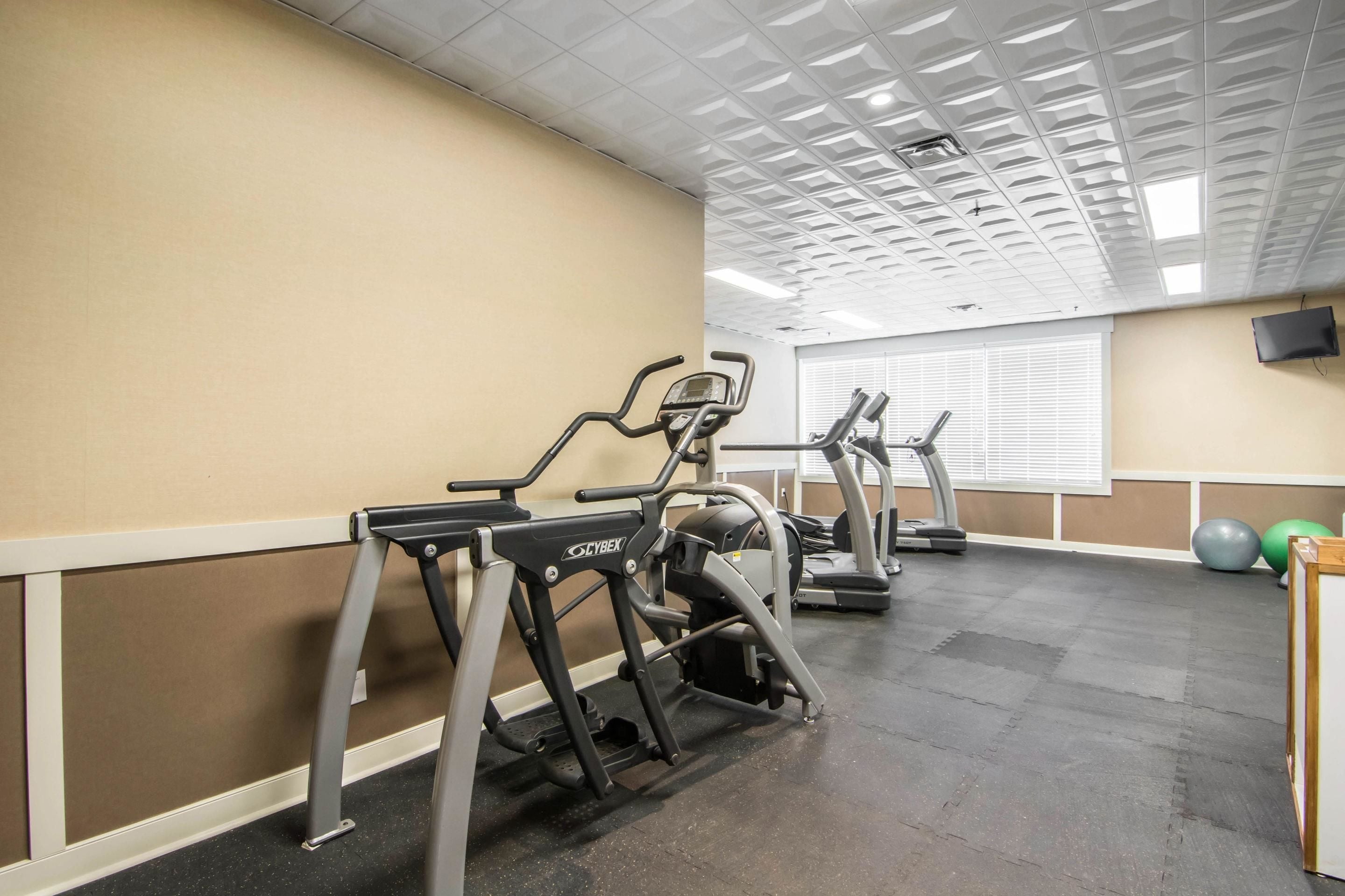 A gym with treadmills, exercise balls, and a TV mounted on the wall.