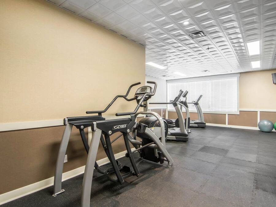Un gimnasio con cintas de correr, balones de ejercicios y una televisión montada en la pared.