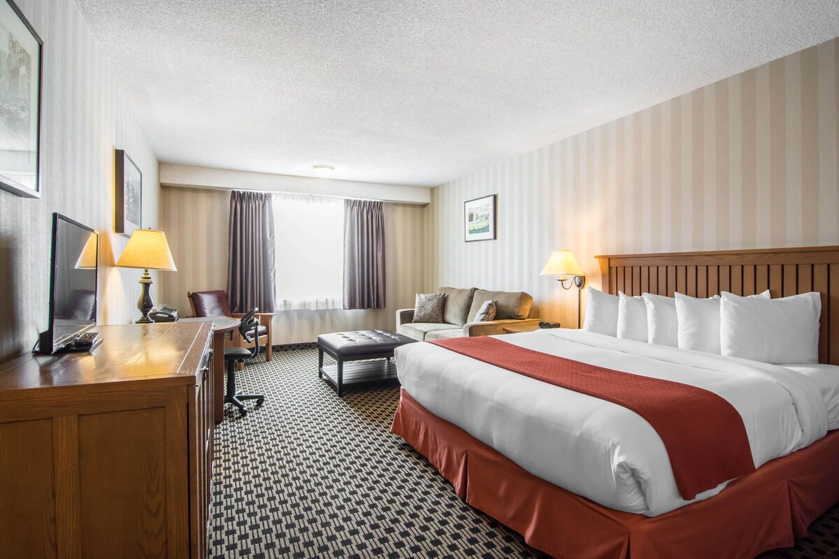 A hotel room with a large bed, a desk with a lamp, a sofa, and a chair.