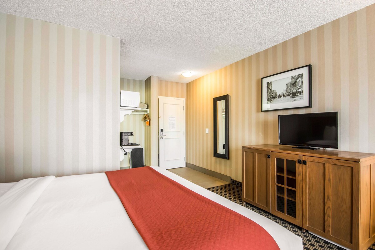 A hotel room with a bed, a television on a wooden cabinet, a mirror, and a framed picture on the wall.