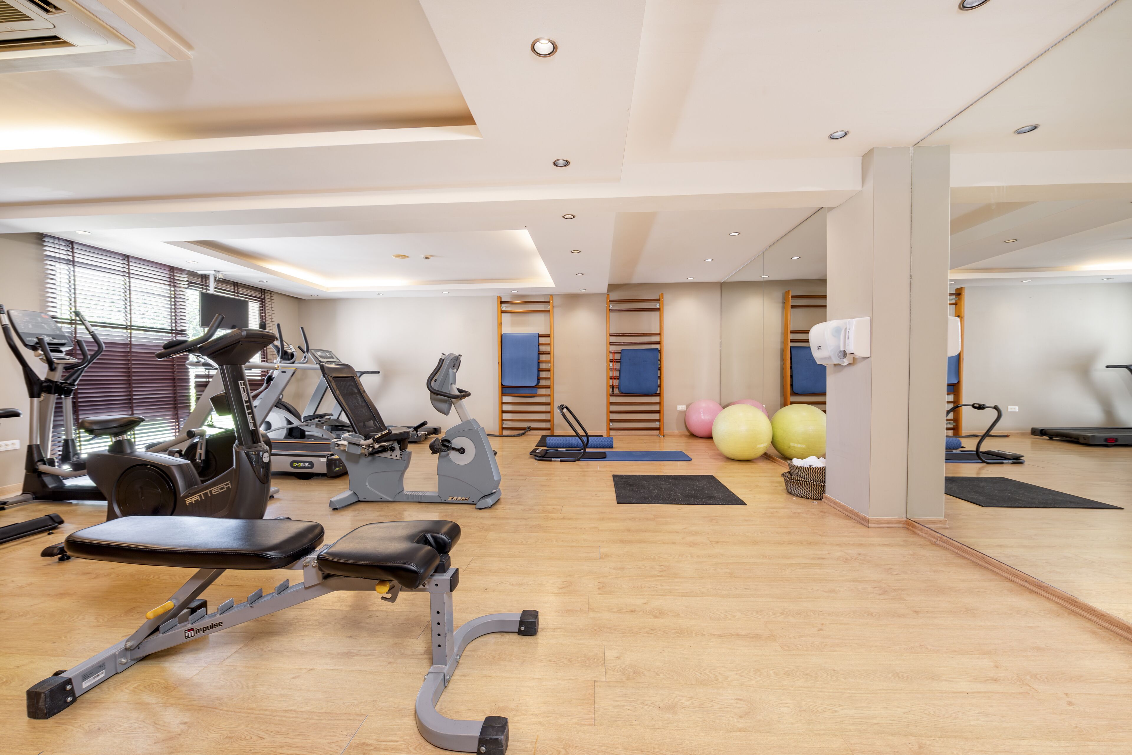 Academia com equipamentos de cardio, pesos livres e bolas de exercício.