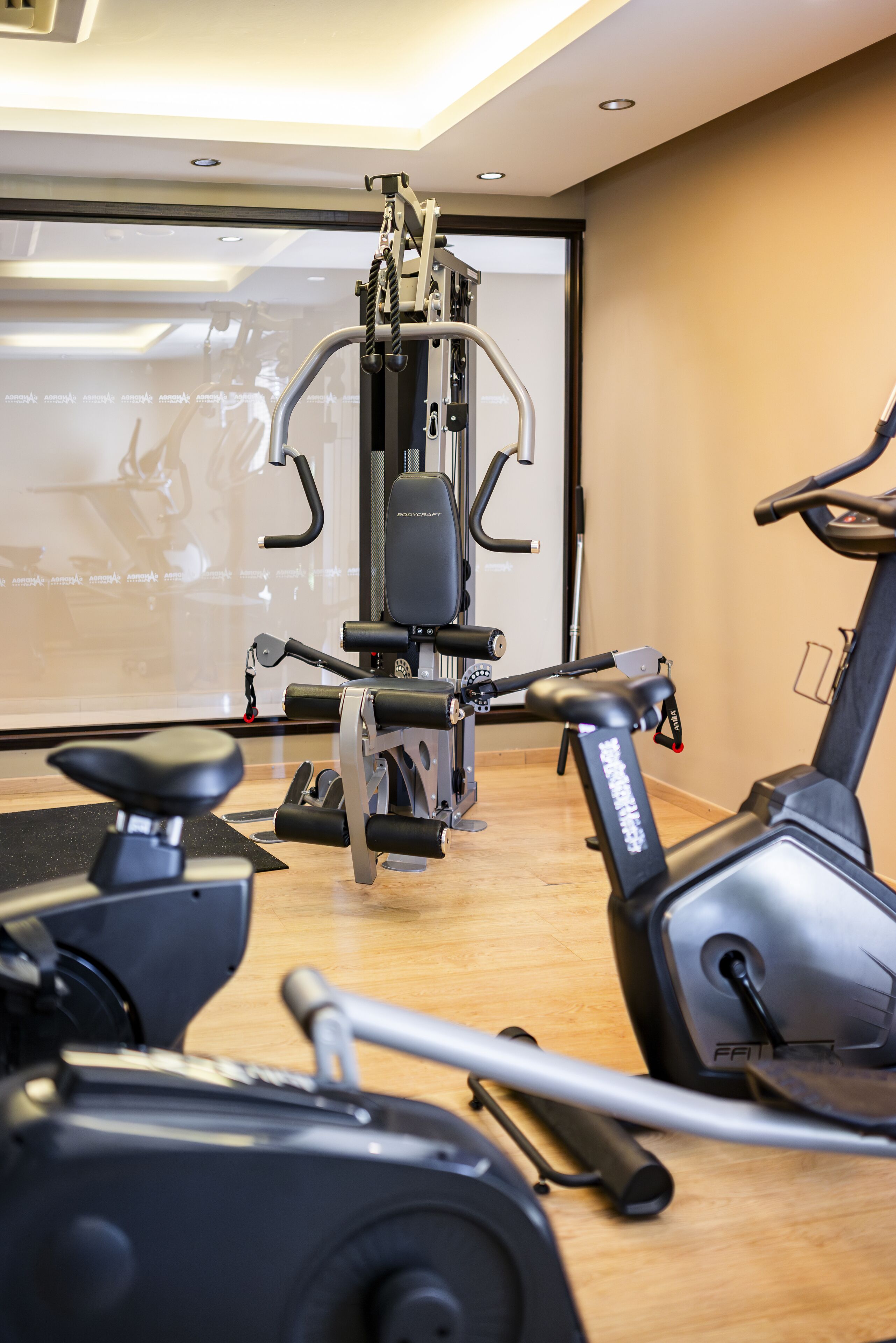 Une salle de sport équipée de divers appareils, notamment un vélo d’appartement, un appareil d’entraînement elliptique et une machine de musculation.