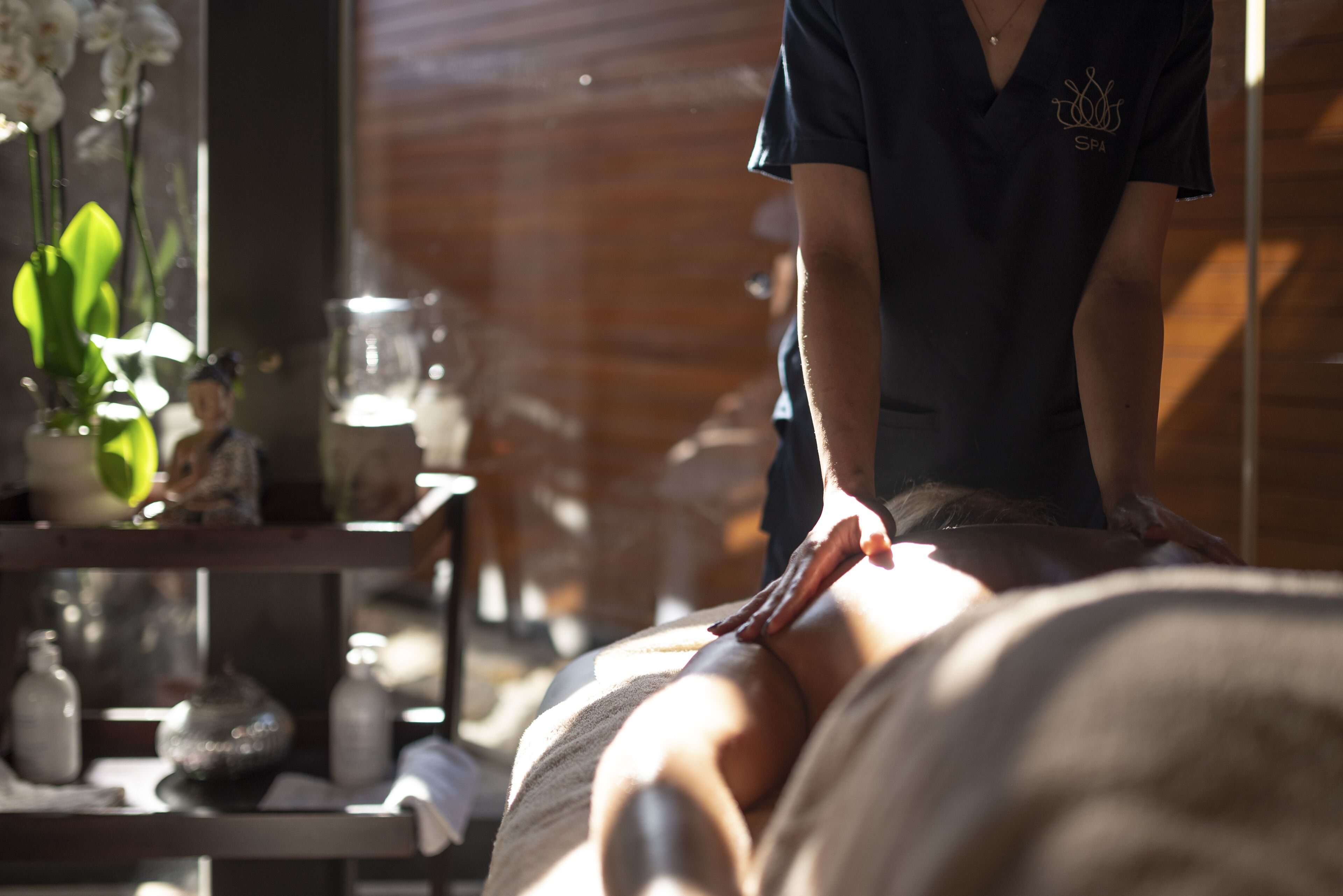 Une séance de massage dans un spa, avec des meubles en bois et des plantes décoratives.