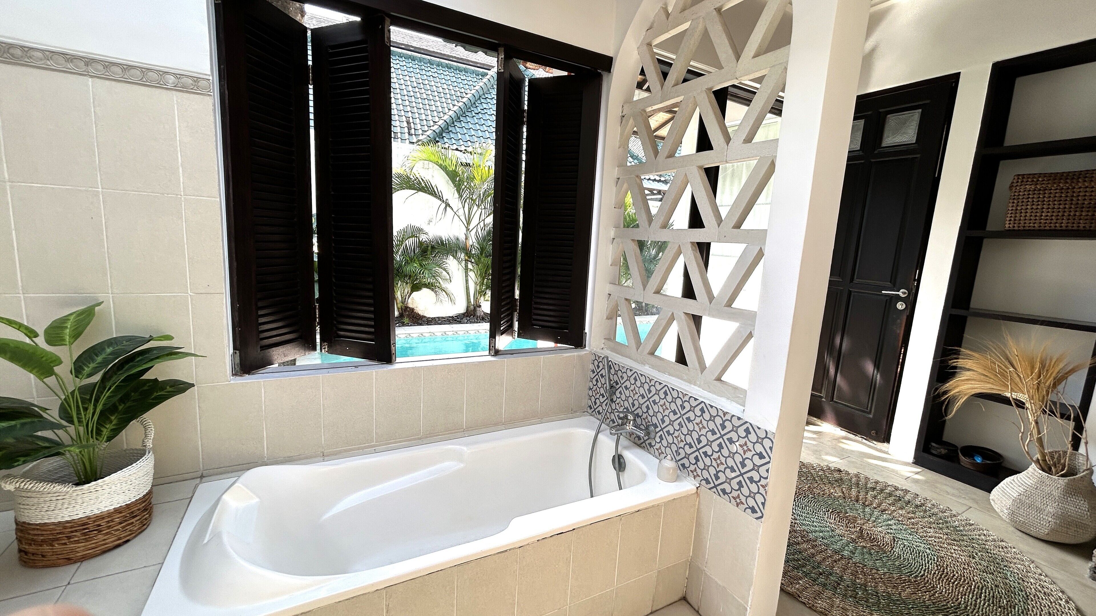two-bed room pool villa(v2) | bathroom | separate bathtub and shower, free toiletries, hair dryer, slippers