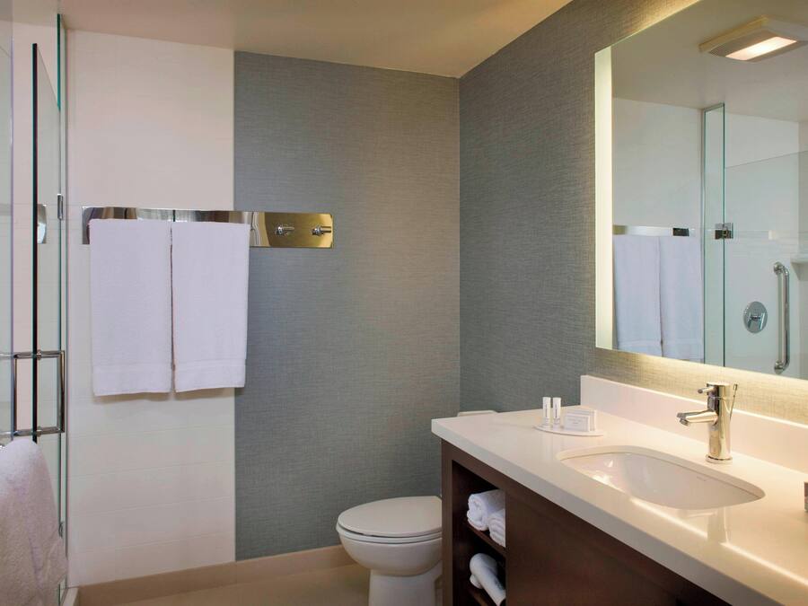 Un baño moderno con cabina de ducha de vidrio, inodoro blanco y tocador con lavamanos y espejo.