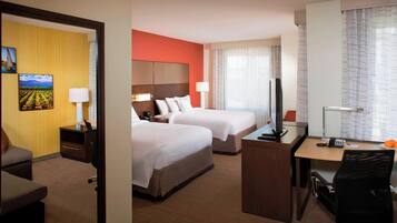 Premium bedding, down comforters, desk, laptop workspace