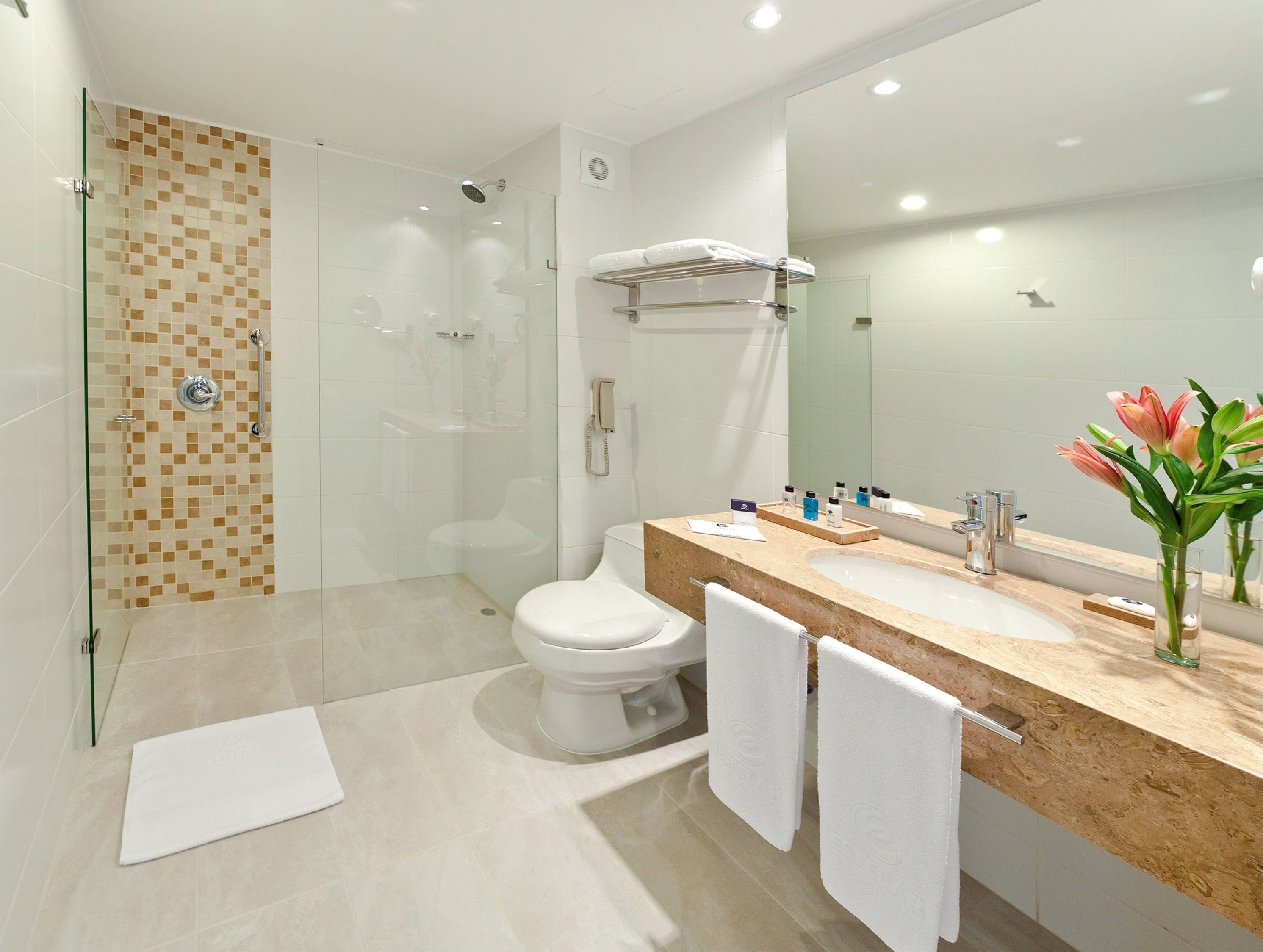 shower, rainfall showerhead, free toiletries, towels