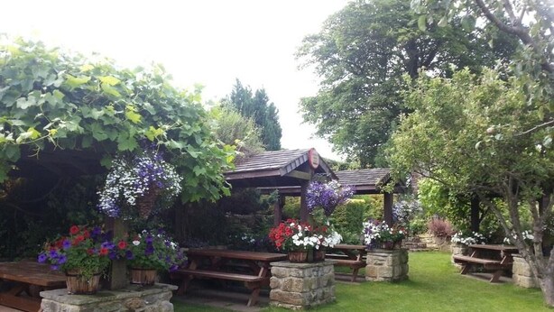A garden with stone benches, a wooden pergola, and flowering plants. - The Ellerby Country Inn (Saltburn-by-the-Sea)