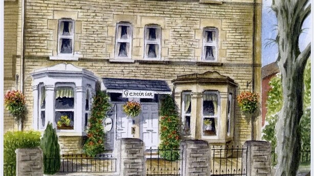 A two-story stone building with a sign reading "Geminian." - Geminian Guest House (Harrogate)