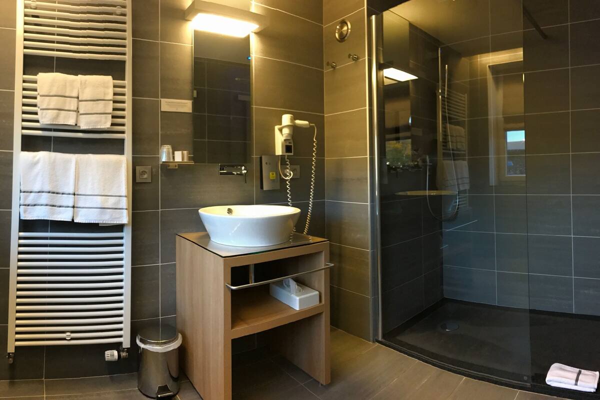 shower, rainfall showerhead, free toiletries, hair dryer