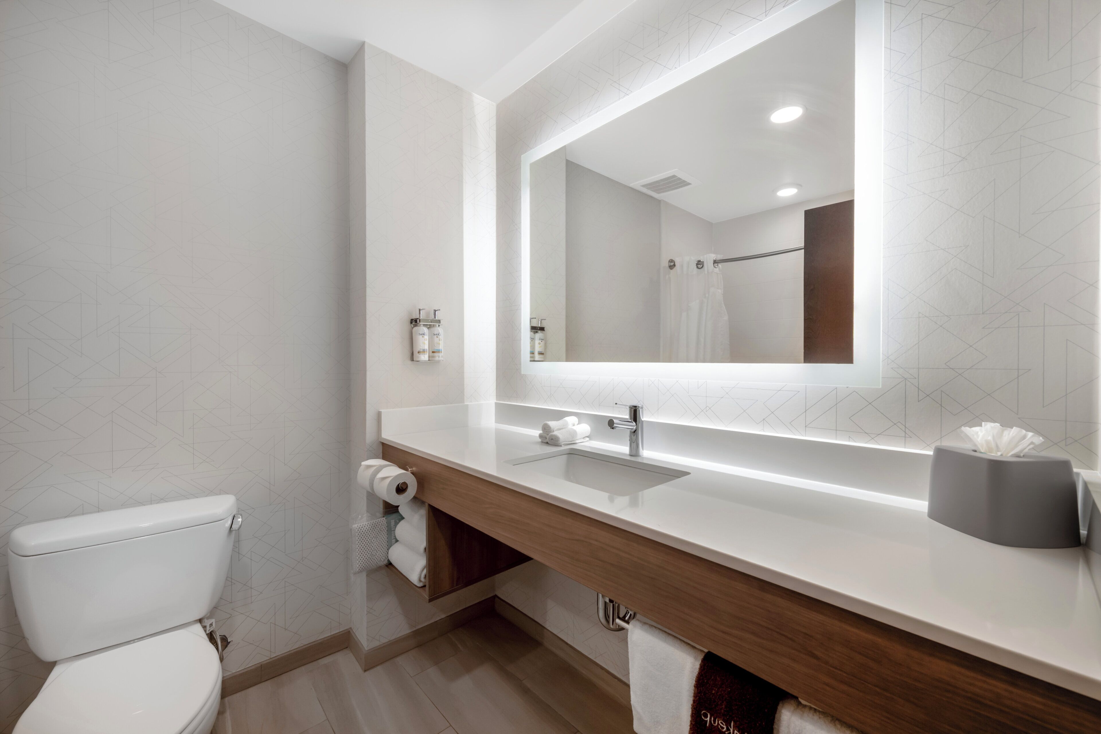 A modern bathroom with a toilet, a sink with a mirror, and a shower area.