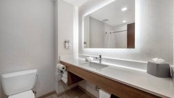 A modern bathroom with a toilet, a sink with a mirror, and a shower area.