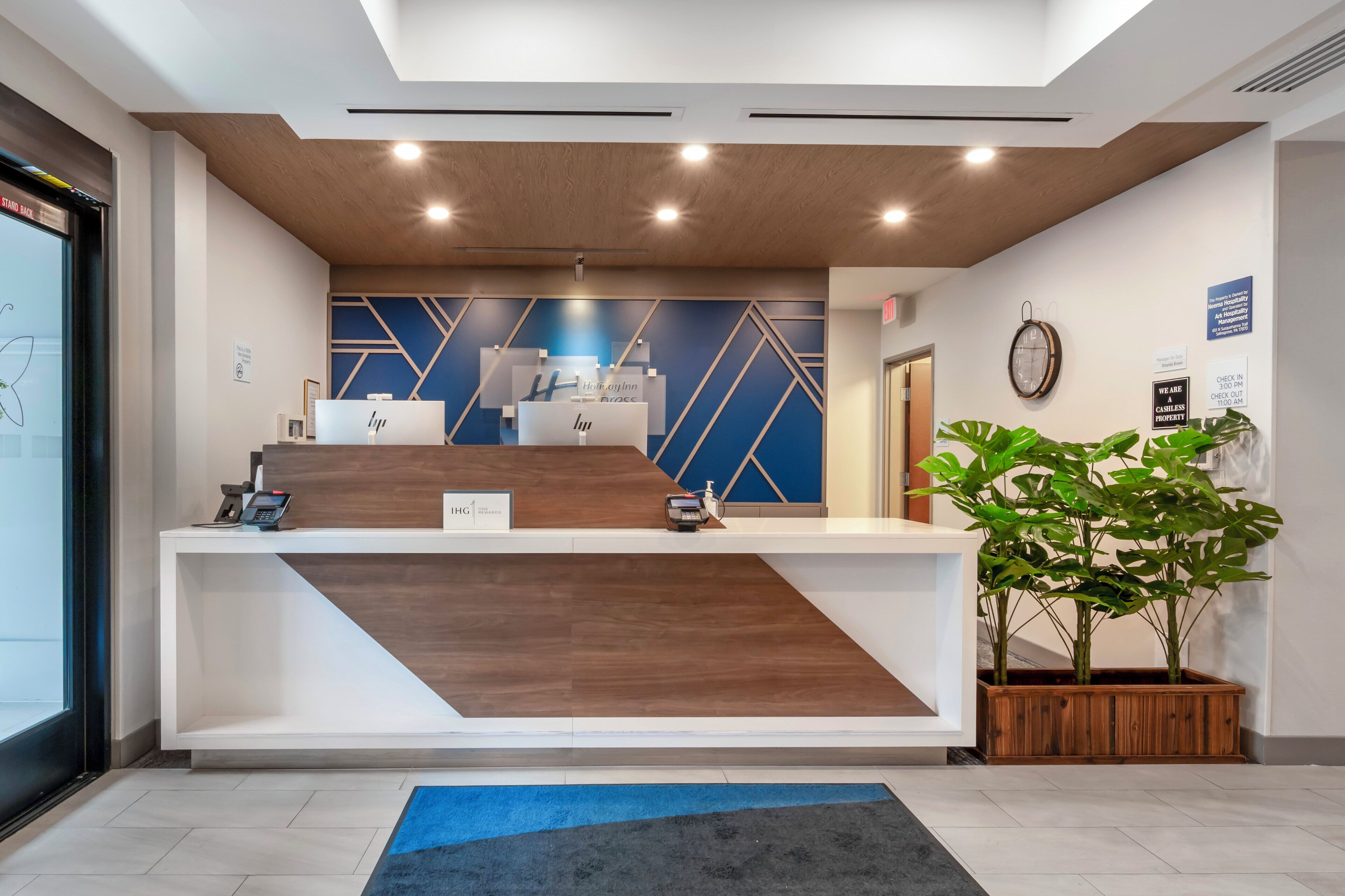 Ein Hotelrezeptionstisch mit modernem Design, inklusive einer blauen geometrischen Wandverkleidung, einem hölzernen Empfangstresen und einem Blumentopf.