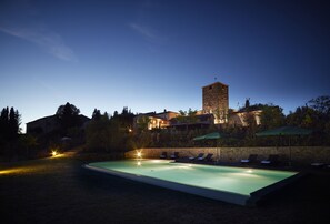 Outdoor pool, pool umbrellas, pool loungers