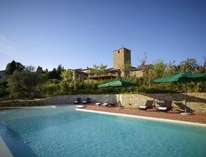 Outdoor pool, pool umbrellas, pool loungers