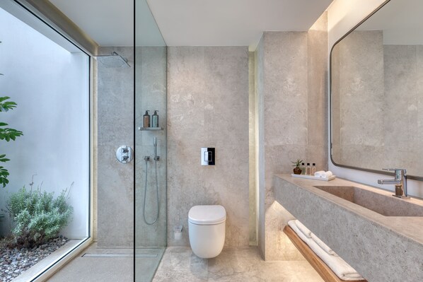 A modern bathroom with a glass-enclosed shower, a white toilet, and a large mirror above a sink with a wooden countertop. - Patmos Aktis, a Luxury Collection Resort & Spa, Greece (Patmos)