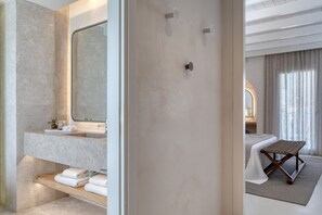 Shower, rainfall showerhead, designer toiletries, hair dryer - Patmos Aktis, a Luxury Collection Resort & Spa, Greece (Patmos)