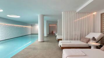 Seasonal outdoor pool, pool umbrellas, pool loungers