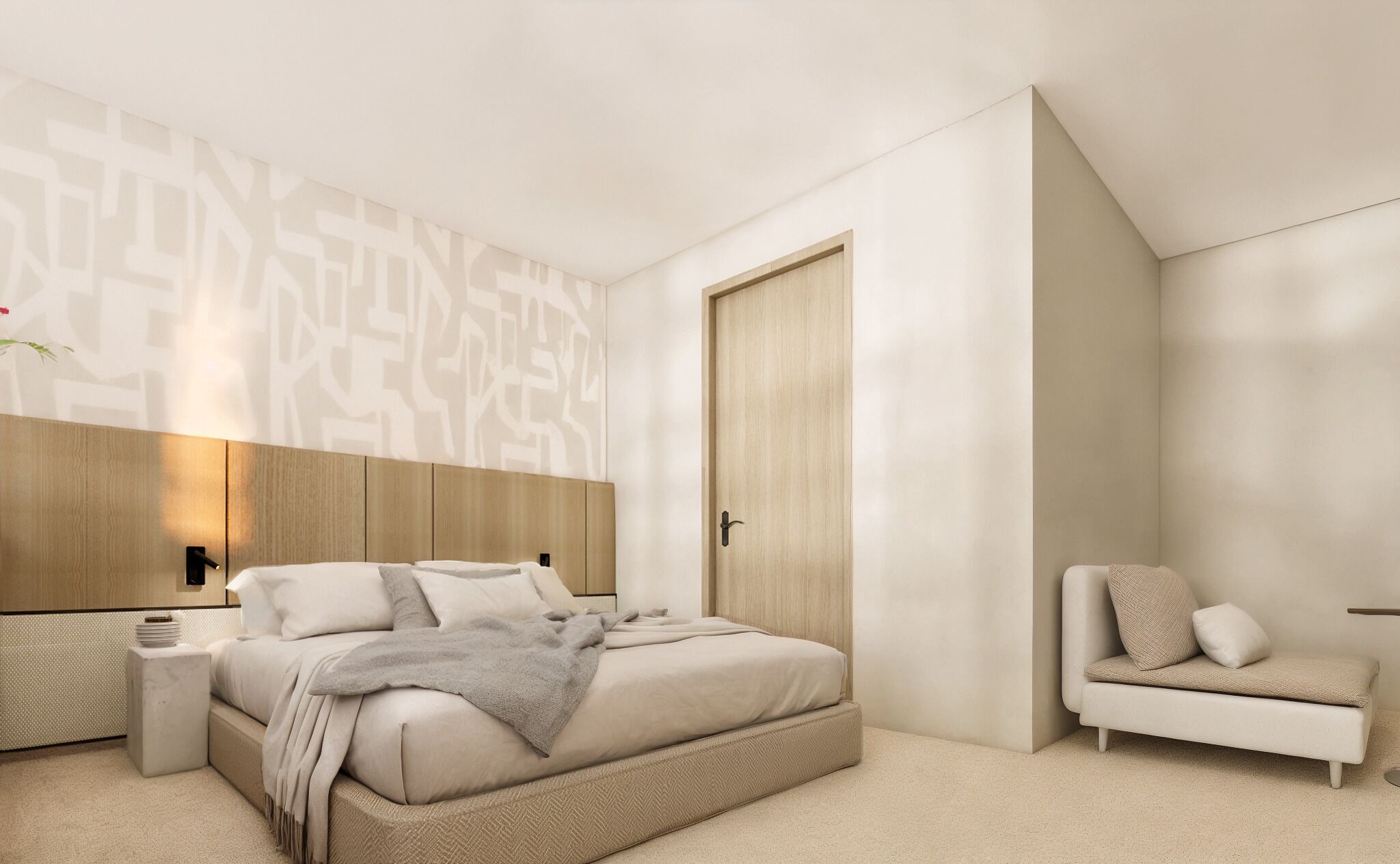 A modern bedroom with a bed, bedside table, and a chair.