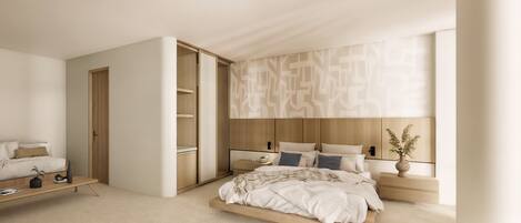A modern bedroom with a bed, bedside tables, a wardrobe, and a large window with a geometric pattern.