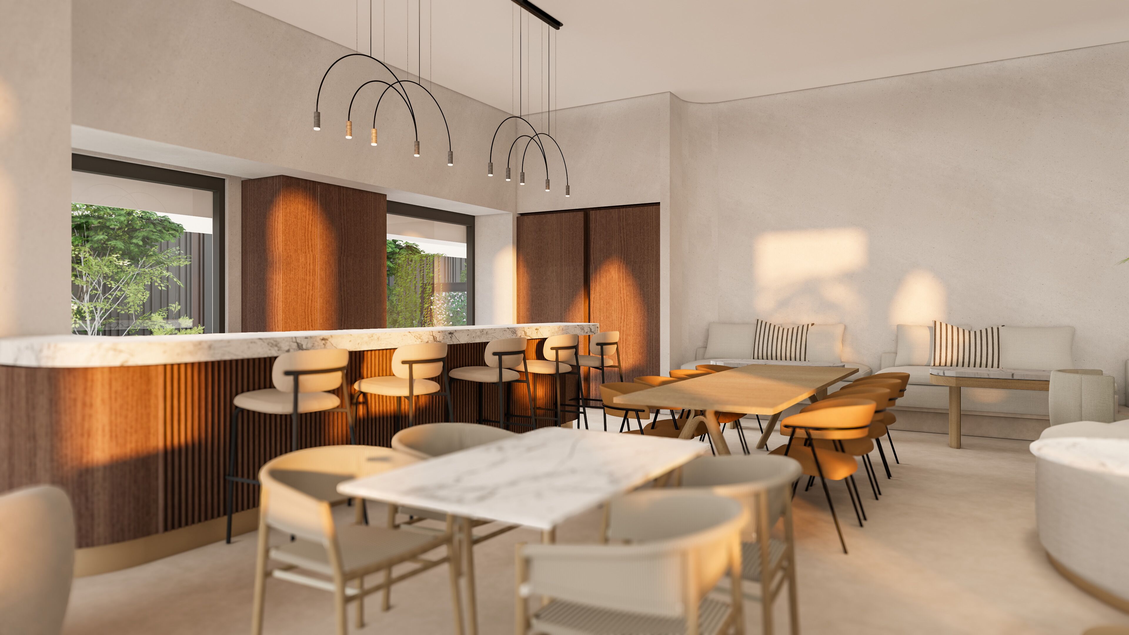 A modern interior with a bar area, seating arrangements, and large windows.