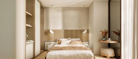 Un dormitorio moderno con una cama, mesitas de noche, un espejo y una estantería con flores.