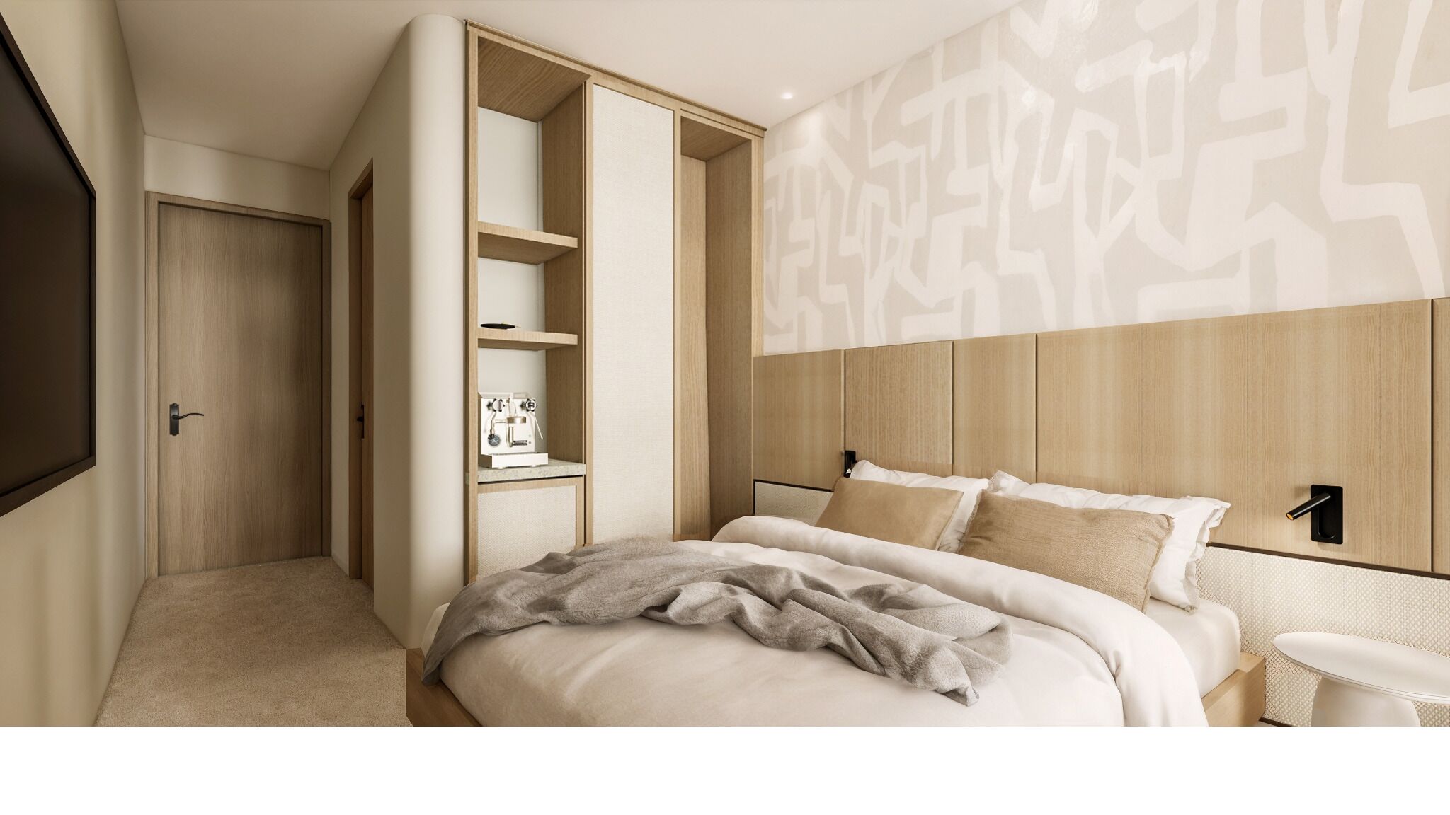 A modern bedroom with a bed, a built-in wardrobe, and a wall-mounted TV.